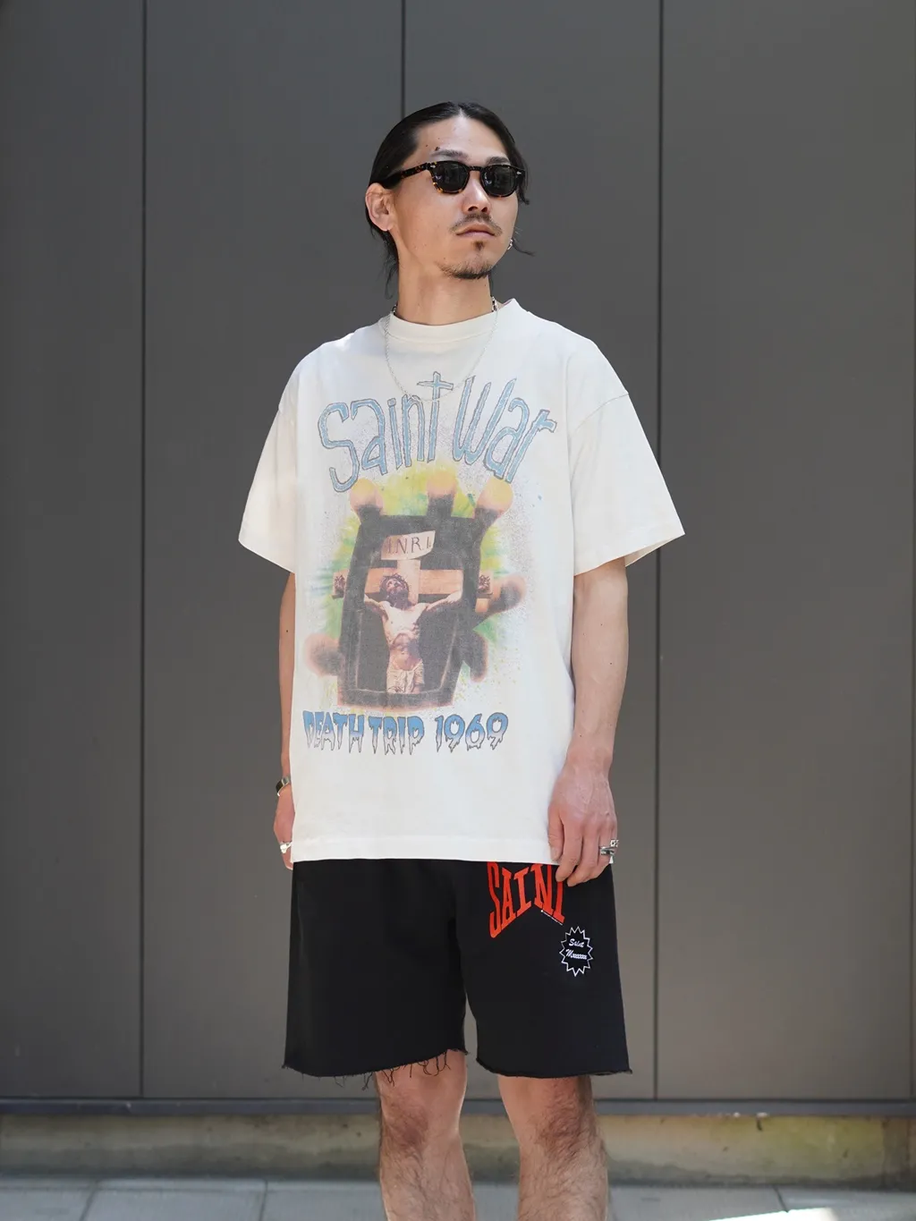 SAINT MICHAEL SAINT WAR TEE/WHAT new style Jesus cross retro short-sleeved, off-white S-XL, ready-to-wear, washed and distressed, printed repeatedly and modified, tube-woven seamless fabric, with little angel anti-counterfeiting label